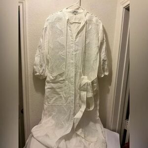Oroton White Embroidered Long dress 100% linen belted size 8